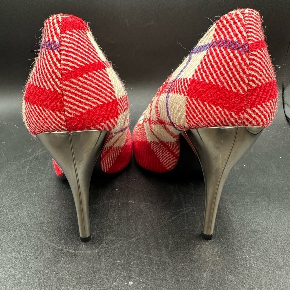 Versace Plaid Check Fabric Pointed Toe Pumps Size 37.5 Metallic Heel Italy - Picture 4 of 7